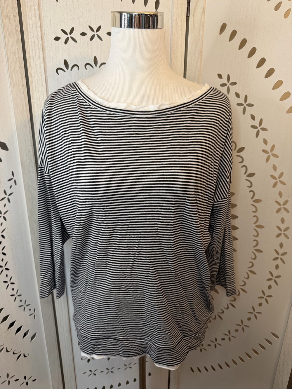 J Jill Black and White Striped Boatneck Double Layer Top